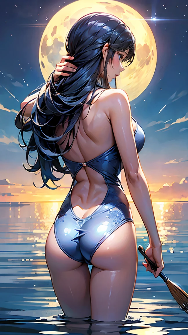 ((Highest quality、masterpiece、8K、Realistic、超High resolution、Very delicate and beautiful、High resolution、Cinema Lighting))、hourglass figure:1.6、At the sea in the moonlight、((A woman is combing her hair:1.6)), ((Back view:1.8)), ((look back:1.6)), She has long hair、The hair is wet with water drops。(Fascinating swimwear design:1.8、Drops of water glisten on her back)。In the background you can see the clear blue sky and the moon.、The surface of the water is undulating、shining brightly。The woman's pose is natural and relaxed.、The overall atmosphere is like a refreshing summer day.