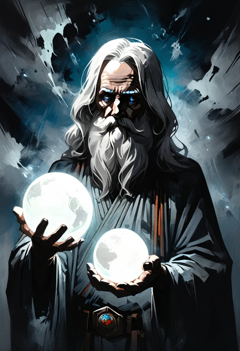 glow ball in hands,dark, dark atmosphere, deep shadow, shadow, spirit, Elderly Man holds in his hands the planet earth, outer space, vishai, a giant grandfather between whose hands is the earth, geometric composition, Elderly, [Nordic] anorexic , Long gray hair, Old white skin, Round glow blue eyes, Oval faces, anorexic small neck, Thin nude Lips, Bold Tapered gray Eyebrows, snub nose, Hunched Shoulders, Slim Thighs, anorexic Slim arms legs and breast, High Angled Cheekbones, Hollow Cheeks, Rounded Chin, Rounded Jawline, Attached Pointed ears, round forehead, Designer Stubble gray whiskers, triangular gray hair beard, graphic style of novel comics,dark novel style, comic, 2d, 8k, hyperrealism, masterpiece, high resolution, best quality, ultra-detailed, super realistic, Hyperrealistic art, high-quality, ultra high res, highest detailed, lot of details, Extremely high-resolution details, incredibly lifelike, colourful, soft cinematic light,