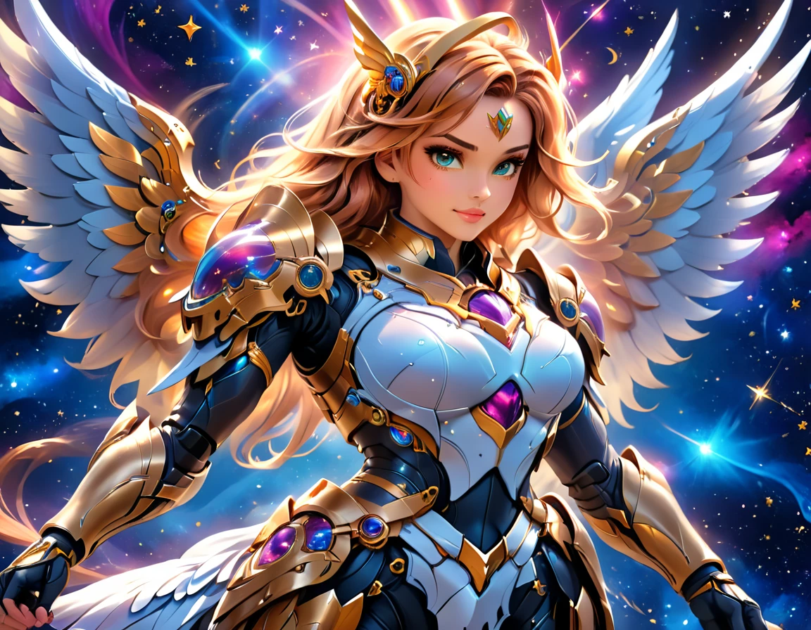 arafed a warrior angel in space battling in outer space, a female angel knight, magnificent beauty, divine beauty, dynamic hair color, dynamic hair color, dynamic eye color, intent gaze, she wears intricate space armor, with intricate mechanic parts, white angelic wings spread, magnificent wings, glorious wings, outer space background,  stars, vibrant, Ultra-high resolution, High Contrast, (masterpiece:1.5), highest quality, Best aesthetics), best details, best quality, highres, (ultra wide angle: 1.2), 16k, ultra detailed, masterpiece, best quality, (extremely detailed),aetherpunkai, GlowingRunesAI_paleblue, Sword and shield