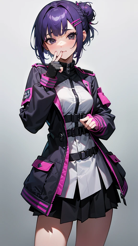 Top Quality, 8K, 4K, High Definition, Detail, (better-quality, 8K, 12), top-quality, 1 girl、purple short bob hair clip tied into a bun、black eyes、small breasts、uniform、gray jacket with pink line, fingerless gloves、thighs、Ilcha fousing on her, surprise face, having her handon her face, making cute expressing face. picture pose, she is standing up, she has a loil pop in her mouth, (she up close only showing face and her chest.)
