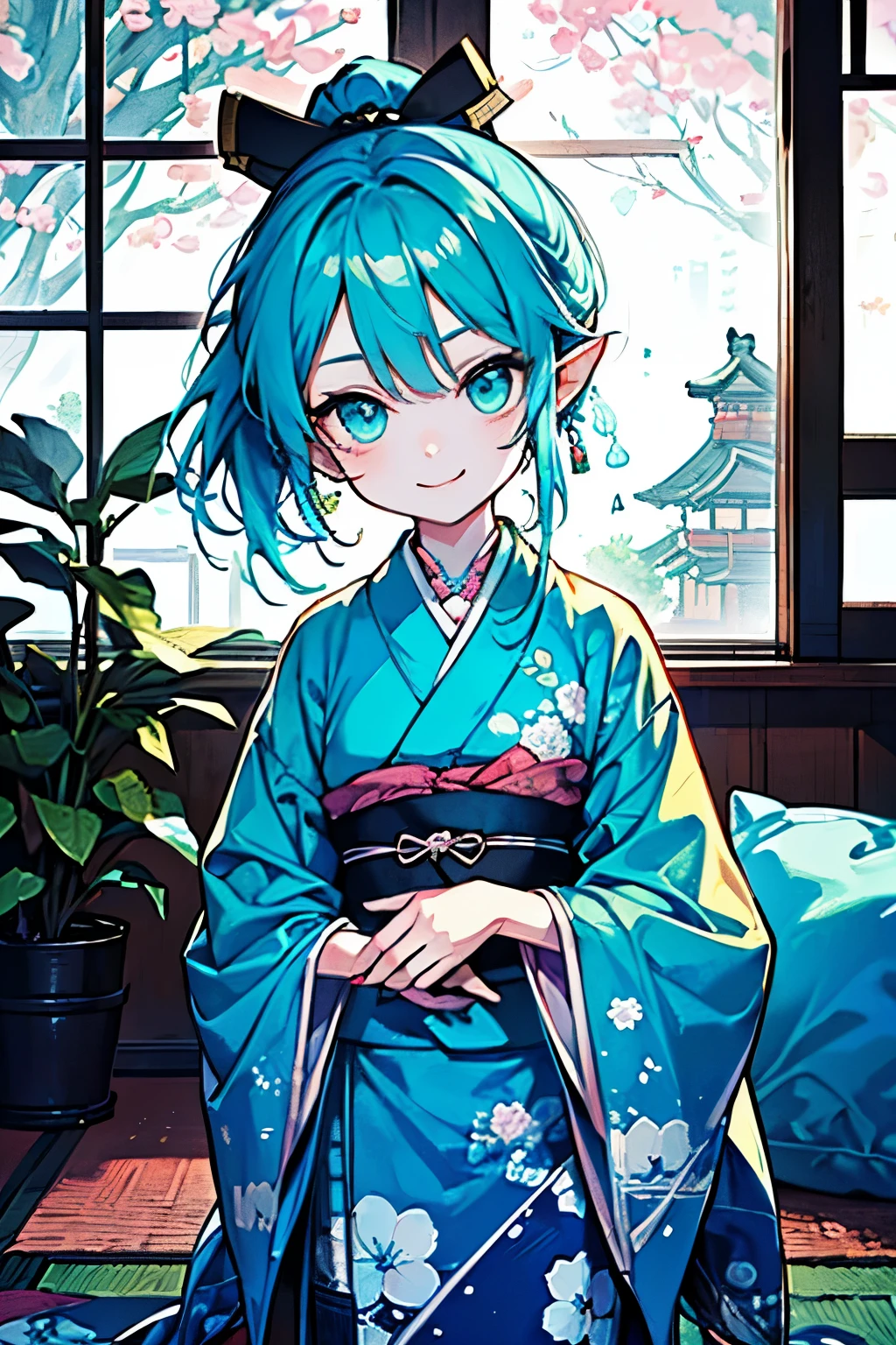 chibi character,Goblin motif,(brush),((cute,kawaii,Japan old-fashioned,Apparition)),(A shy open-mouthed smile),((Small Corner:1.3)),Shiny,((Ponytail Hair)),(aqua color),(blue color),((boy,Shota,juvenile:1.2)),(Zashiki Doji:1.25),((living room of an old folk house:1.1)).