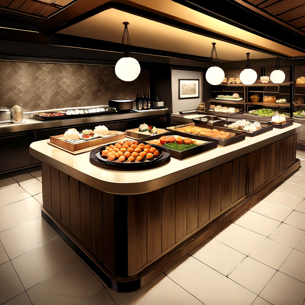 The logo "Elements Restaurant" incorporates three fundamental concepts, cooky, music, Landscape and architecture. This is the scene: HD masterpiece, round restaurant buffet table in wood, rounded ceiling above with cove lighting, beautiful luxury hanging pendant light above serving counter, curved serving ledge behind on curved wall to show buffet foods, curved wall to have mural painting, flooring to be cream mosaic stone tiles with brass transition stripe to parquet herringbone tiles to the right, green banquet seating on right side below sheer linen curtains shading direct sunlight, timber table tops with black base at banquet seating with timber chairs, on the left is another round stone serving counter with buffet food spread, at the back on left side is an industrial kitchen with white wall tiles and 600x600 porcelain floor tiles, above the service threshold is a copper paneling fascia detail