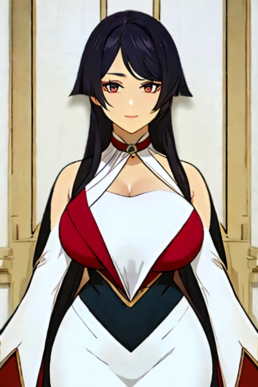 [a handsome, sexy mature woman with a seductive smile and parted lips stands against a white background, slightly dark skin, She has sharp eyelashes, eyes browns, and long black hair with bangs. His figure is voluptuous, with a narrow waist, Broad Hips, and huge breasts. The image has an impact, Genshin-inspired style, rendered in high detail and HDR quality as a stunning work of art.]