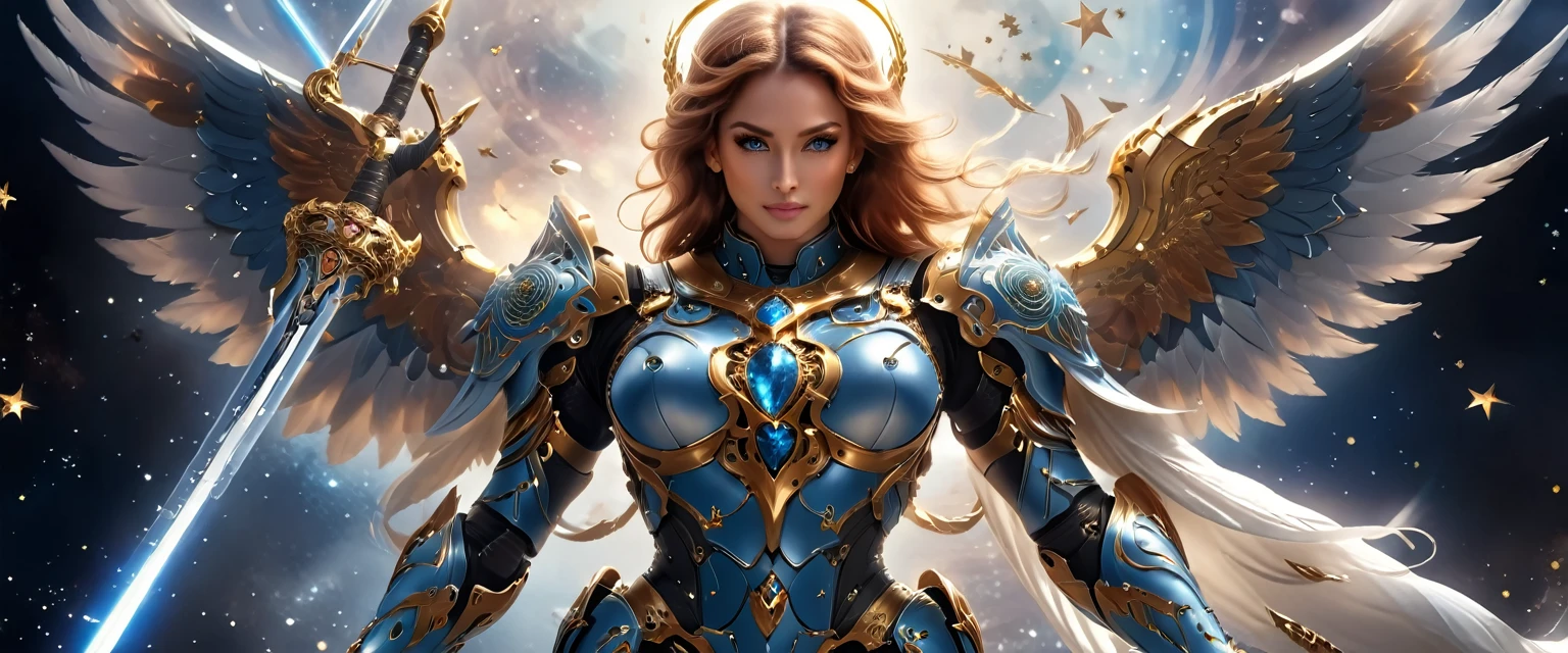 arafed a warrior angel in space battling in outer space, a female angel knight, magnificent beauty, divine beauty, dynamic hair color, dynamic hair color, dynamic eye color, intent gaze, she wears intricate space armor, with intricate mechanic parts, white angelic wings spread, magnificent wings, glorious wings, outer space background, stars, vibrant, Ultra-high resolution, High Contrast, (masterpiece:1.5), highest quality, Best aesthetics), best details, best quality, highres, (ultra wide angle: 1.2), 16k, ultra detailed, masterpiece, best quality, (extremely detailed),aetherpunkai, GlowingRunesAI_paleblue, Sword and shield