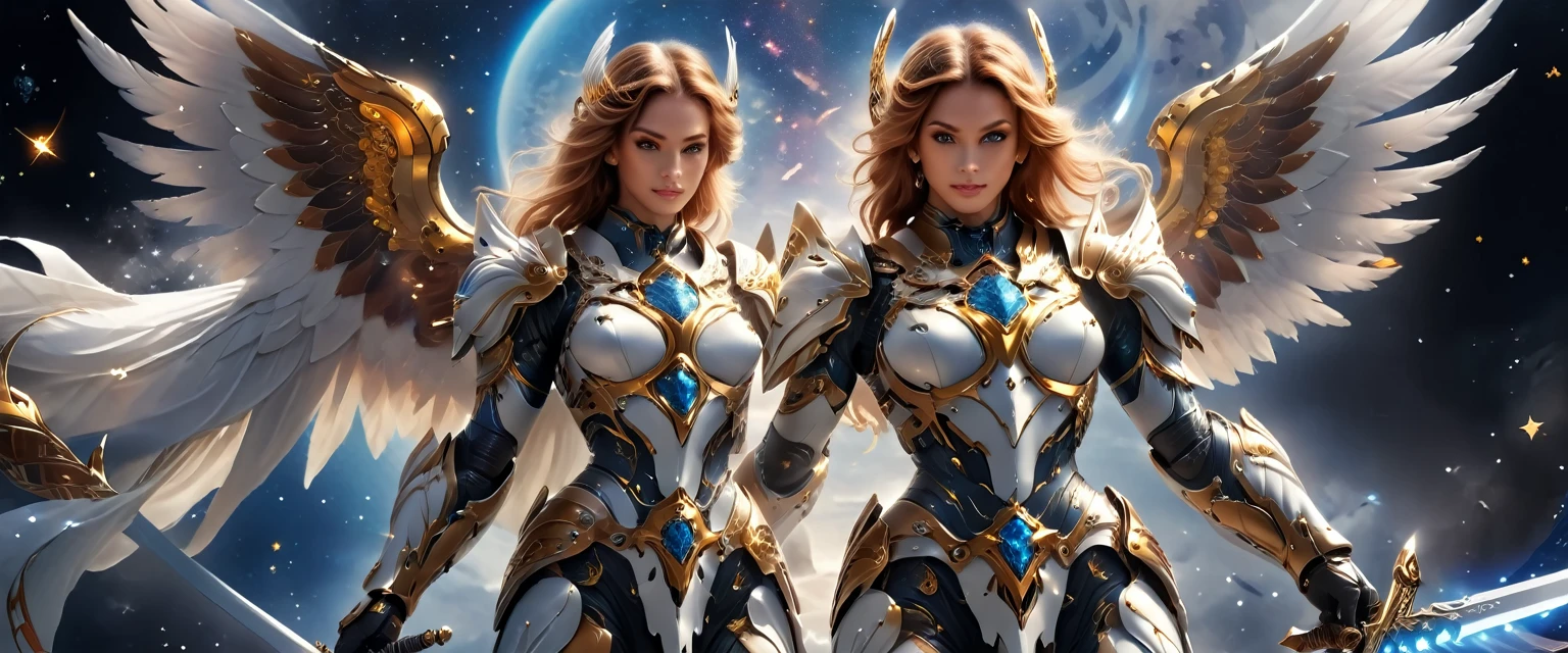 arafed a warrior angel in space battling in outer space, a female angel knight, magnificent beauty, divine beauty, dynamic hair color, dynamic hair color, dynamic eye color, intent gaze, she wears intricate space armor, with intricate mechanic parts, white angelic wings spread, magnificent wings, glorious wings, outer space background, stars, vibrant, Ultra-high resolution, High Contrast, (masterpiece:1.5), highest quality, Best aesthetics), best details, best quality, highres, (ultra wide angle: 1.2), 16k, ultra detailed, masterpiece, best quality, (extremely detailed),aetherpunkai, GlowingRunesAI_paleblue, Sword and shield
