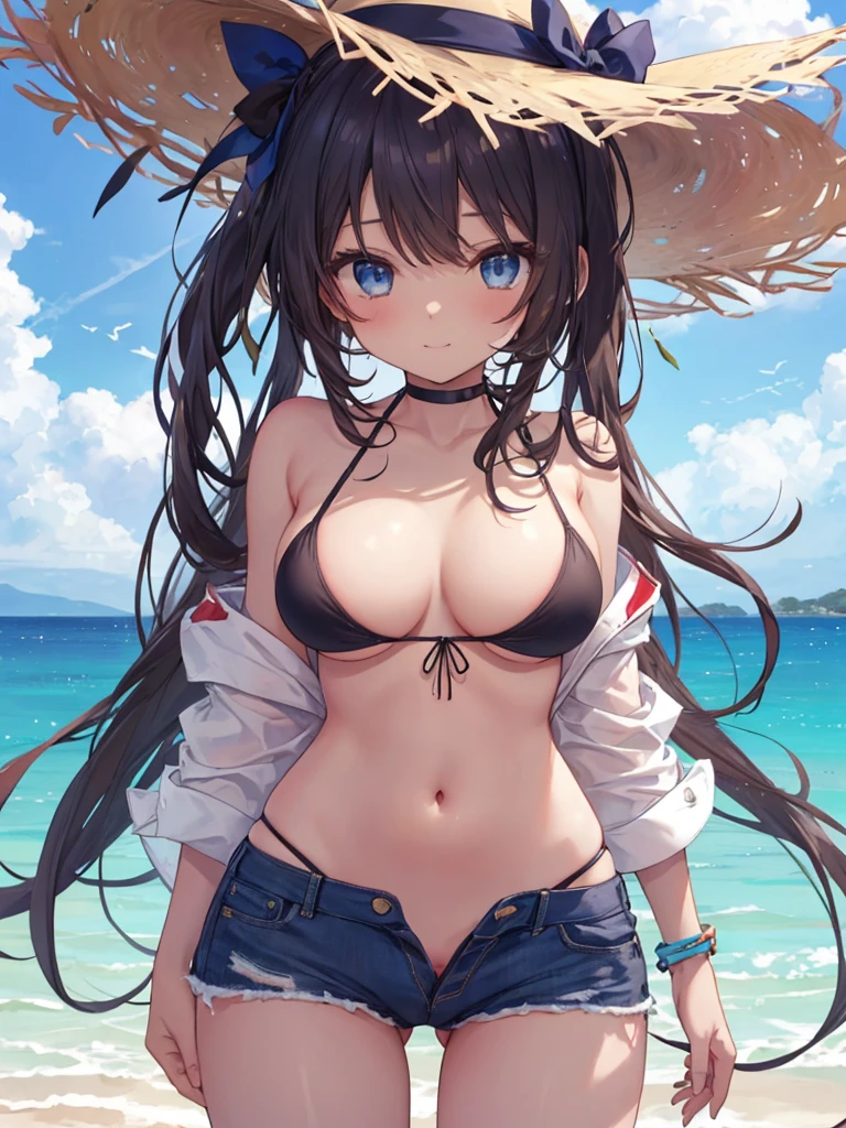 (8K、Highest quality、Highest quality、masterpiece)、Detailed face、One Girl、(Brown Skin:1.2)、Long Hair、Blue eyes、Seductive smile, seductive pose、(Bikini top Only、BikiniTop、Bikini Top、Denim hot shorts、Open Shorts、Unziped shorts、Mini Shorts、No Panties、NoPanties、Sexy、wedgie、Spread vagina under shorts)、vulva view、Beach、cloud、(((vagina peek)))、Big Breasts、