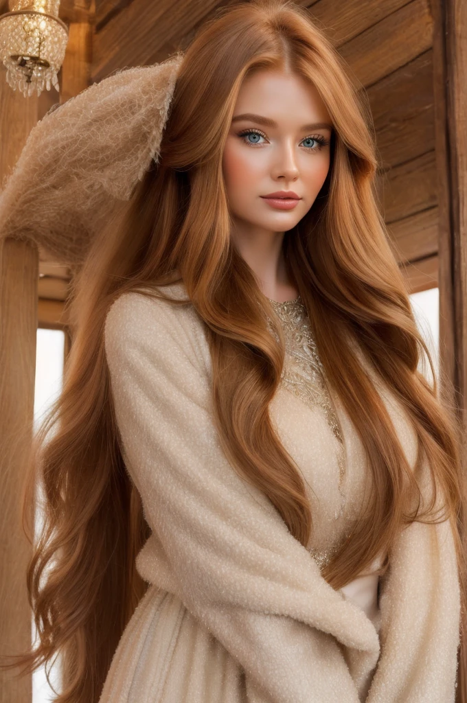 A gorgeous, pretty, shiny, kind-hearted, warm-hearted, sweet, polite, sensitive, friendly, charming, graceful, stylish, classy, alluring, majestic, ethereal, angelical ginger long haired russian woman dressed in traditional winter costumes.