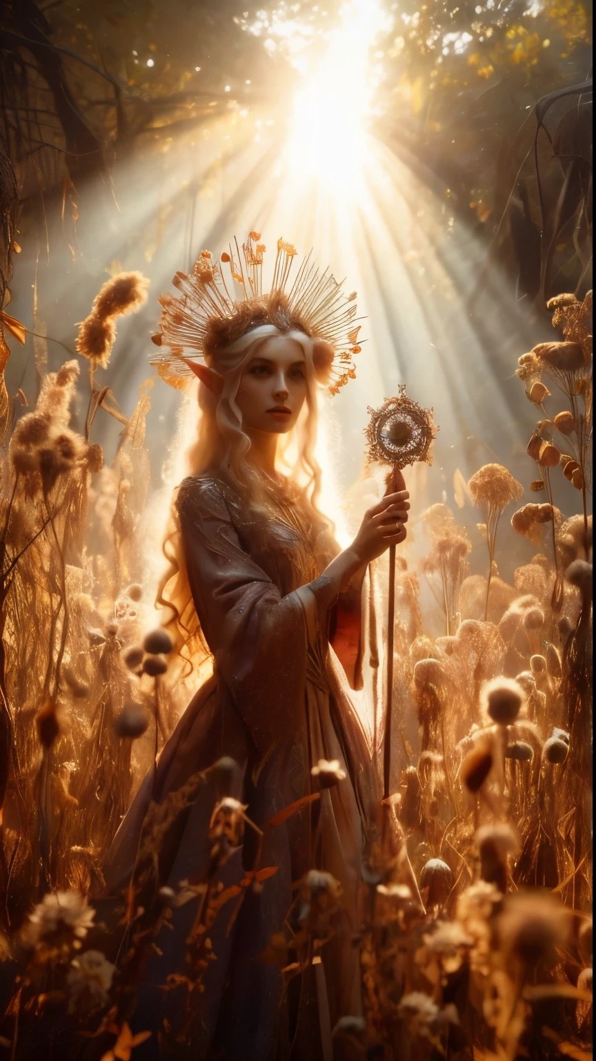 In a dappled, ancient forest ruin, an Elf Princess stands tall close to camera, closeup shot, her scepter raised high as beams of warm sunlight filter through the trees, casting a golden halo around her regal figure. covered in an ultra-multitude of tiny flowers and vines, very tall overgrown varied wildflower beds surround her, Her beautiful, enchanted clothing shimmers in the soft light, while lush foliage and vines surround her, creating a lush environment. The camera captures a sharp focus on the princess's face, with the rule of thirds composition placing her at the intersection of two diagonals. Shot during the golden hour, the scene exudes an ethereal mood, inviting the viewer to step into this mystical realm., ,fantasy, better_hands, leonardo, angelawhite, Enhance