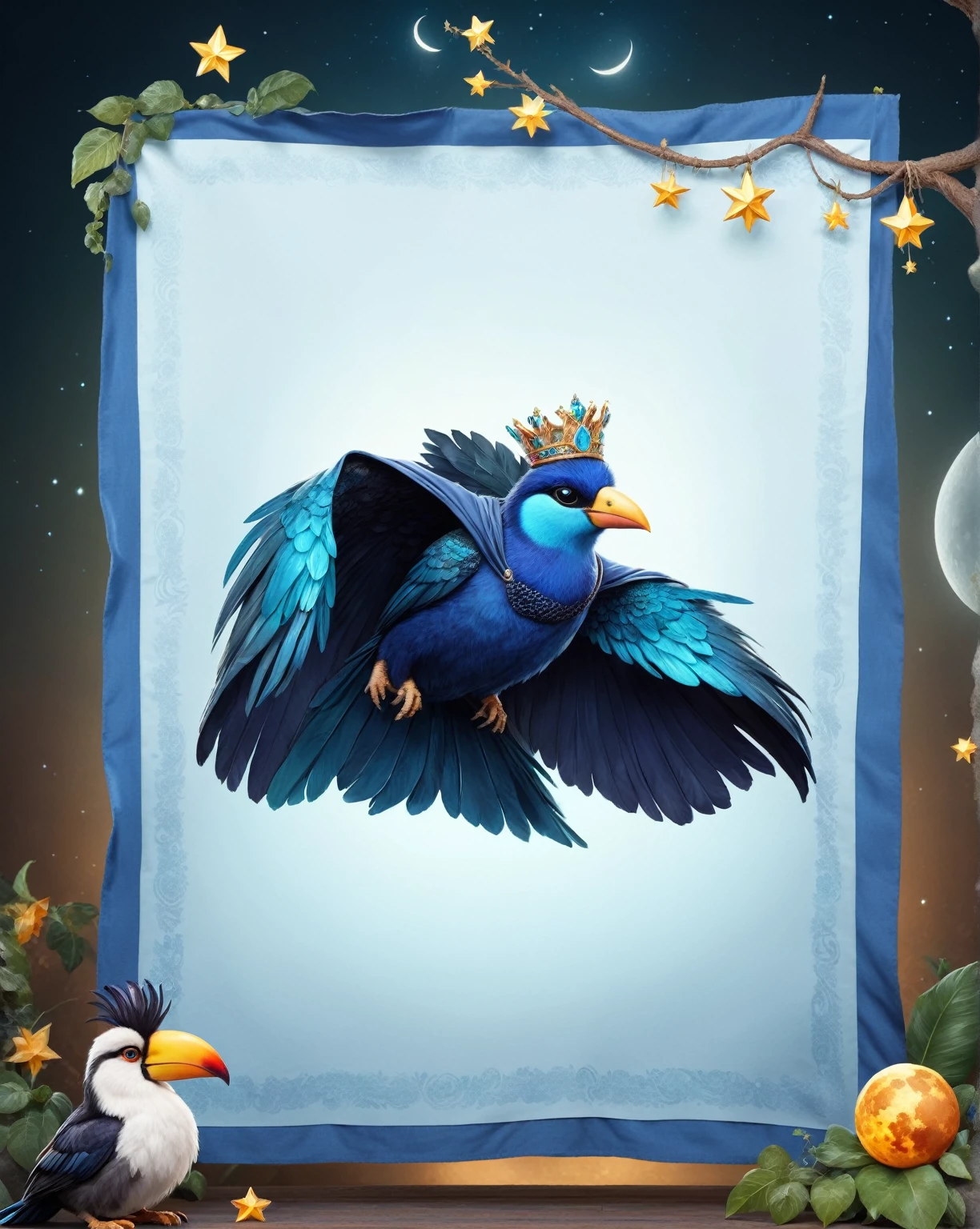 A cartoon picture of a bird with a crown on its head, mage robe based on a toucan, Flowing Magic Robe, Star witch clothes, wispy gigantic wings, Azure Cape, Moon Themed Clothing, Duelist Style, Peacock mage themed clothes, feathered robe, Exquisite and handsome wings, Blue cape, Blue cape