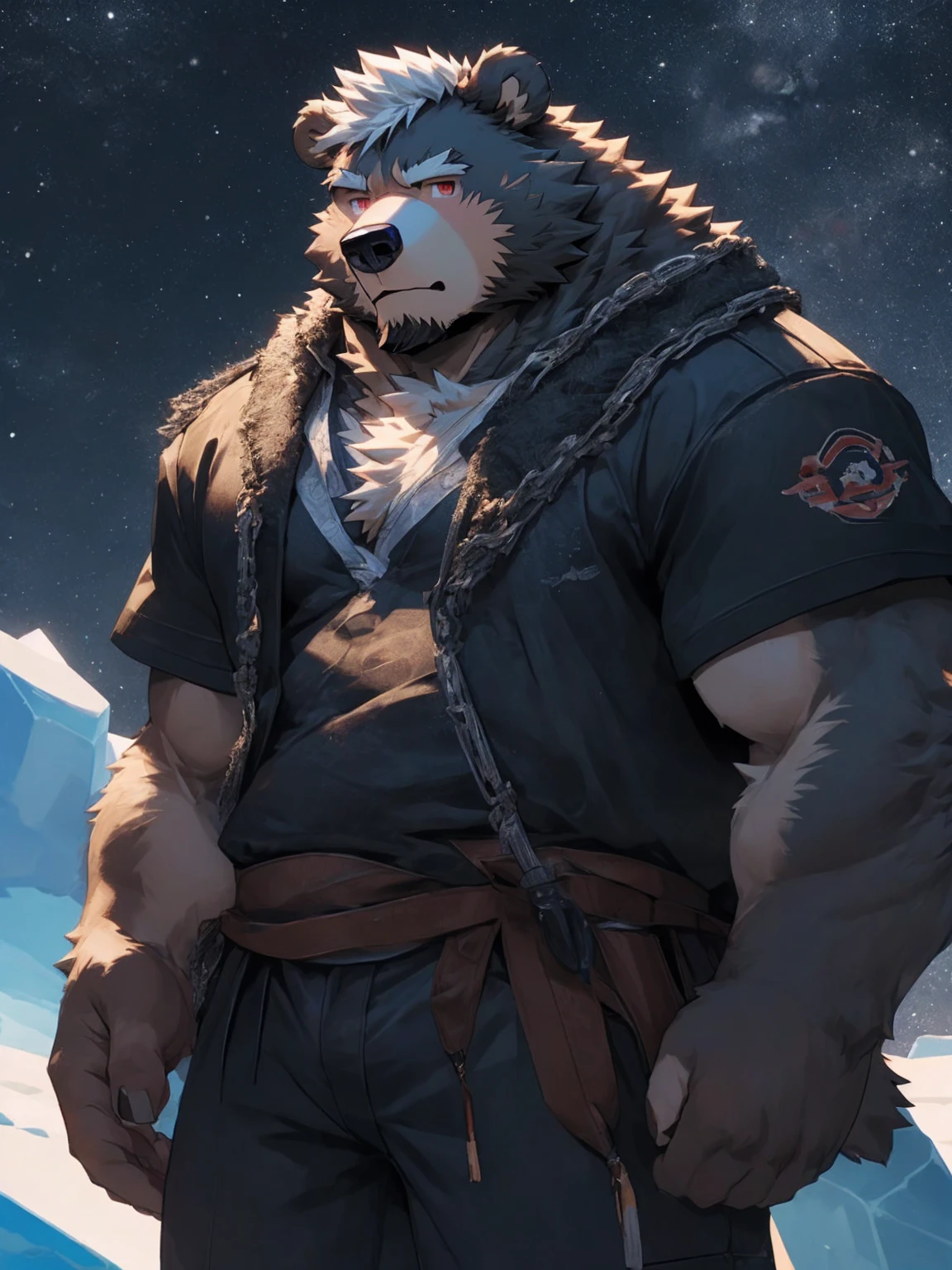 (Super detailed), Sharp focus,hairy, Gray fur, White beard, White hair,Blood red eyes,human nature (北极Bear:1.3), male, Old face, Gray body, White belly, Muscular ,(Crotch bulge),(Big Bag),Super detailed的脸,(dishevelled:1.4),(best quality), (masterpiece), High Detail, high quality,High resolution,16K,(Bear:1.3),(scar:0.6),Cold expression,(slight fat:1.1),((Dark night iceberg background))