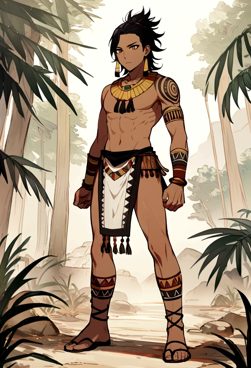Highres 1boy, juong male, black hair, full body, standing,, dark-skinned_male, tribal warrior, long loincloth, tribal clothes, aztec, aztec clothing, aztec tatoo,, black hair, golden eyes,