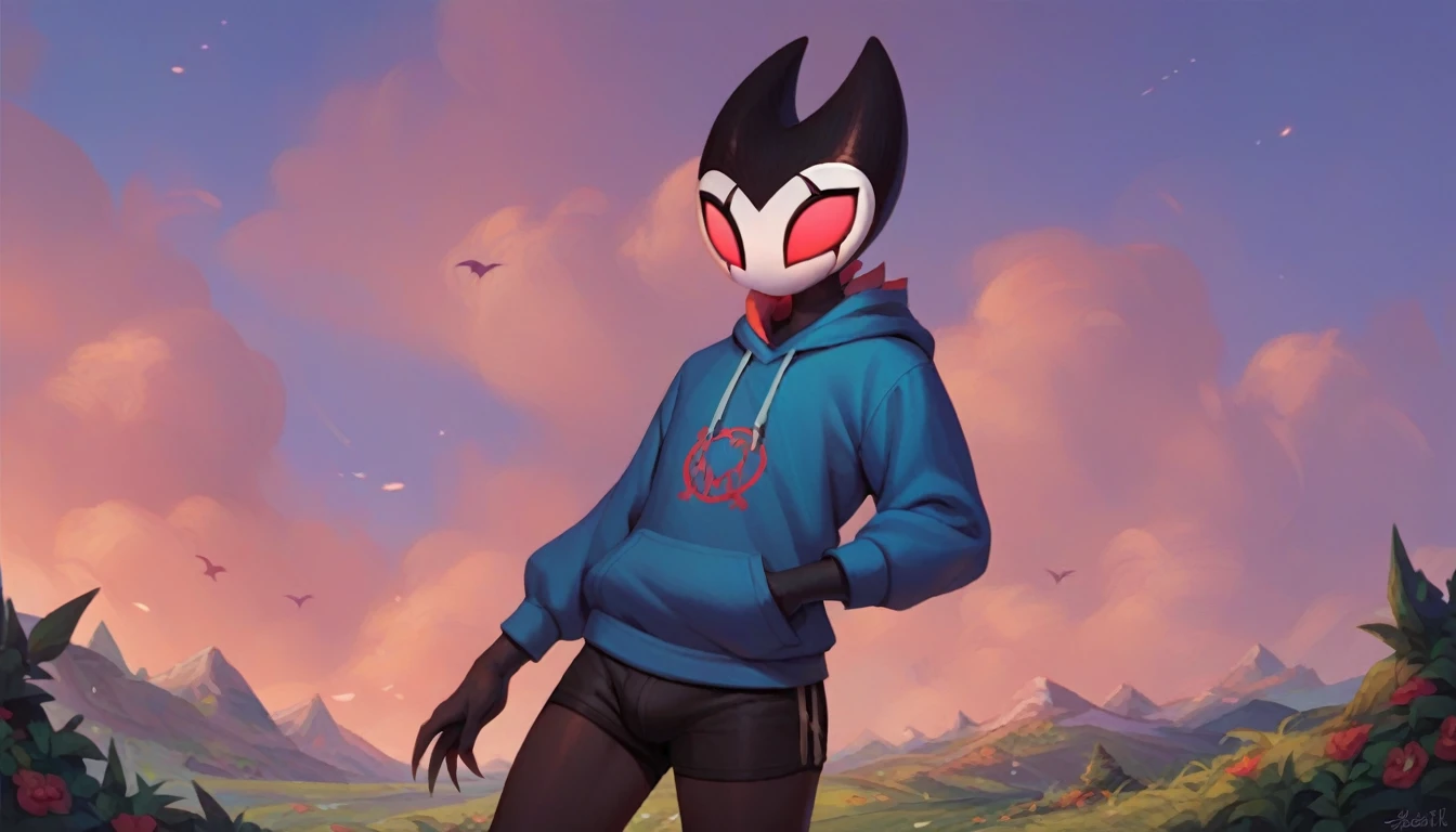 score_9, score_8_up, score_7_up, score_6_up, zPDXL2, grimm \(hollow knight\), vampire, bat, 1boy, solo, cute face, detailed eyes, anthro, landscape, highlight thighs, blue hooded sweatshirt, outdoor, In the woods,, looking at the viewer, femboy, (black leggings),(portrait:1.2)