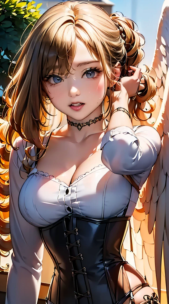 ((Long blonde hair:1.8, Curly hair on the outside, Bangs that hide one eye:1.7)), (Glowing purple eyes)beautiful, beautiful woman, Perfect Anatomy, Perfect body, Perfect breasts, ((Angel with spread wings:1.8, White clothes, corset, choker:1.6)), forest:1.6, Captivating Gaze, smile, realism, masterpiece, Rough skin , Very detailed, High detail, high quality, 最high quality, 1080P, 16K、(Brush your hair up:1.6)