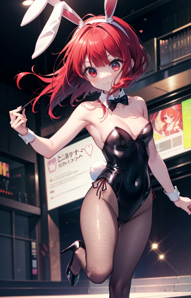 Arima Kana, (Red eyes:1.5), long hair,smile,Redhead,(Bunny girl:1.5),(Black Playboy Bunny:1.0),Bunny ears headband,Fishnet tights,Stiletto heels,Peeking from below,whole bodyがイラストに入るように
break looking at viewer,whole body,
break indoors, stage,
break (masterpiece:1.2), Highest quality, High resolution, unity 8k wallpaper, (shape:0.8), (Beautiful and beautiful eyes:1.6), Highly detailed face, Perfect lighting, Extremely detailed CG, (Perfect hands, Perfect Anatomy),
