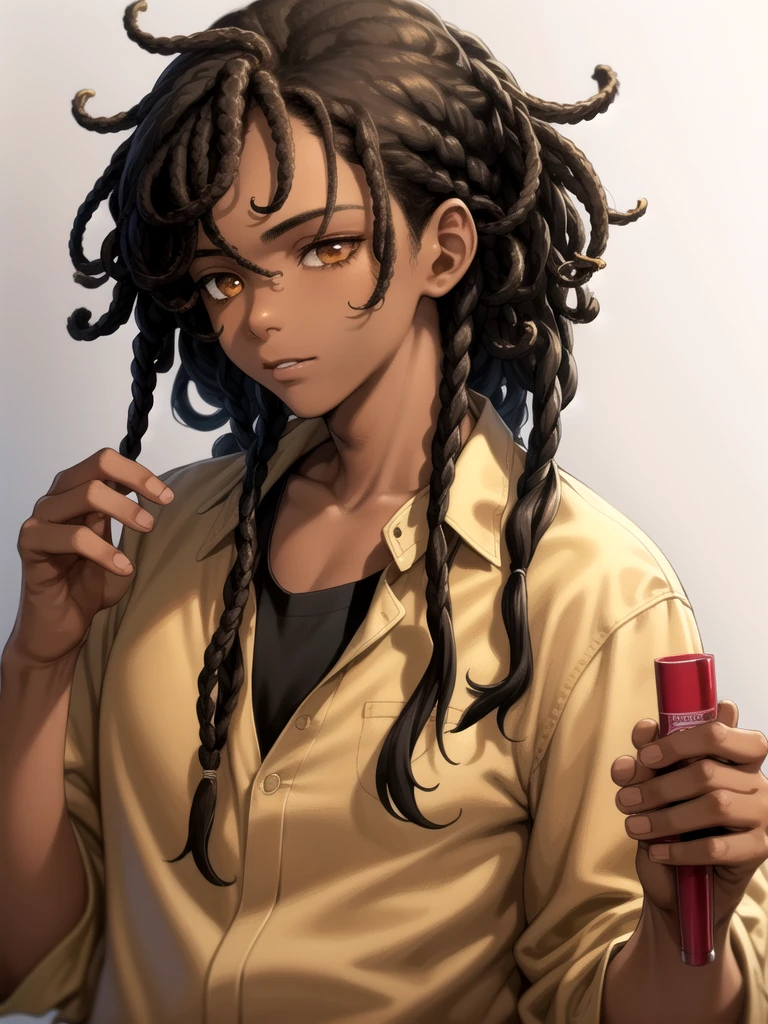 1boy, solo, blunt in hand, hawaiin shirt, brown skin color, messy look, (black hair), ((locs)), brown eyes, masterpiece, best quality, high quality, upper body, male focus,