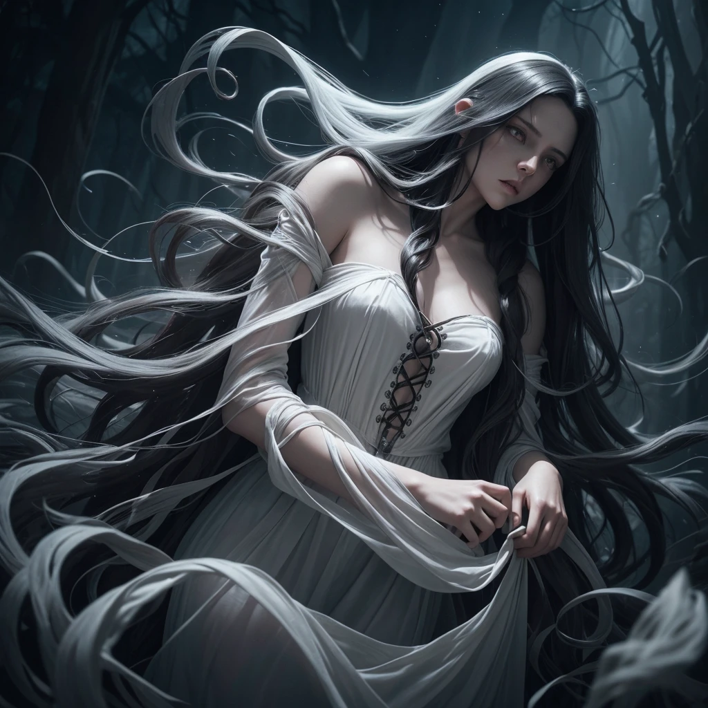 a girl with long dark hair flowing around her like ethereal tendrils, wearing a flowing white dress, the Cursed Maiden, dark and bewitched hair, haunting and beautiful, sorrow and curse, photorealistic, highly detailed, cinematic, dramatic lighting, muted color palette, gothic fantasy, digital art