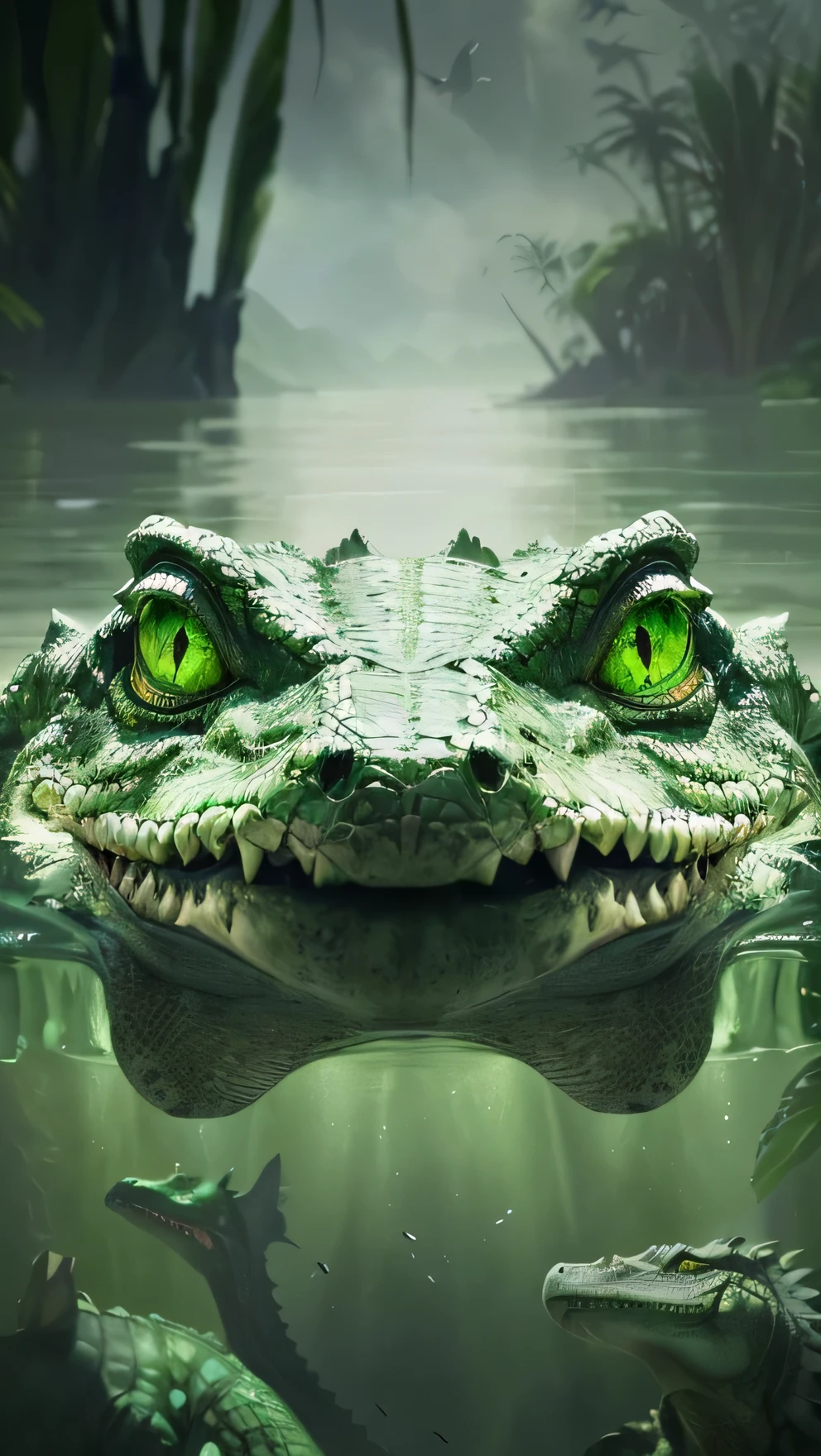 Crocodile in the water with green eyes and a bird in the background, merging Crocodile head, Reptile face, Crocodile reptilian motifs, photo of Crocodile, sci-fi Crocodile alien, anthropomorphic Crocodile, Crocodile shaman, Crocodile loki, Crocodile, Swamp monsters, Crocodile, Crocodile - like teeth, forsaken Crocodile god, Close-up portrait shooting