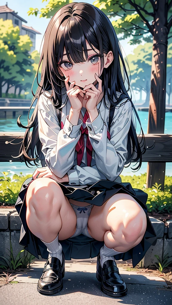 (8K, RAW Photos, 最high quality, masterpiece:1.2), high qualityのRAWカラー写真, Professional photo shoot, Cinematic Light, night、Late night、alone, (((young woman, Gal))), (Sharp features), (Small face), (Skin with attention to detail:1.2), clavicle, Cute face, Beautiful appearance, Long eyelashes,Girl Turning Around,, (Black Hair, Long straight line), high school student, cardigan, High School Uniform、, White shirt, mini skirt, night Park, Birds chirping, Embarrassing, sad, Artistic painting,Attractive thighs, loafers:1.2, (A very fine touch:1.2), (Watery eye), sad雰囲気, Oil painting style, Dark colors, (Are standing:1.5, lean on a tree, Full body portrait), Smooth texture, Gazing Eyes, Beautiful Skin, Shiny skin, ((Perfect Fingers, Five Fingers, Anatomically correct)), Background Blur, high quality, Surreal, ((Very detailed, photo shoot)),(Cover your face with your right hand、Grab the skirt with your left hand),,(((Skirt flip、Sexy panties)))、blush、Embarrassing、They hesitate、Looking down、avert your eyes、Full Body Shot、((Hide your face))、Embarrassing、Thick legs、、glamorous、Skirt flip、Wear a skirt、Squat with your knees bent