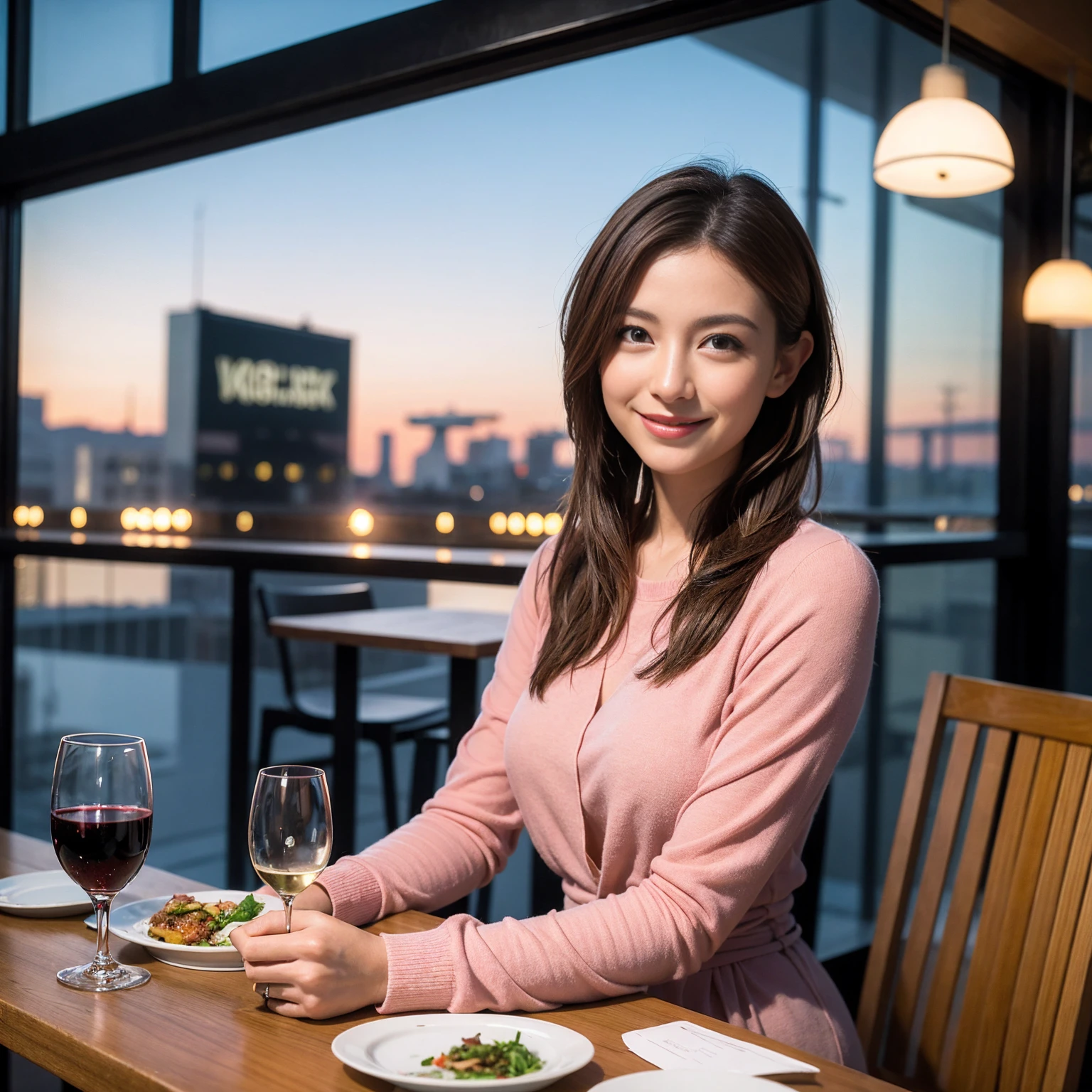 ((Highest quality、8K、masterpiece:1.3))、slimカップル、Pink Lover、modelカップル、(Realistic, Intricate details:1.2), full-course dinner、Wine Party、Amazing view of the sunset sky and clouds、A bright smile、The wonderfulness of smile、Bright image、The beauty of wine, Beautiful Face, blue eyes, The light shines on your face, Blushing, short hair,Bright Face、 (Age 37), 39 years old, red wine 、Appetizers、Italian food、Wine bottle、Champagne、sparkling wine、Two beauties、Brown Hair、Shortcuts、Long sleeve shirt、dress、Beautiful woman 1, (slimな顔), (The body is slim), (Brown Hair), (Shortcuts), cheeks turn a little red,Attractive beauty、restaurant, In a prominent place (From the waist up) Nova Frog Style, actress, model, Upper Body, White wine, slim, wine glass, 中央に置かれたwine glass, smile, (smile: 1.15), Beautiful fine grain, Depth f/2,saturation, High Contrast, Strong light and shadow,Moist Body:1.5、3D texture、Delicate eyes、Brown Hair、The hair is very shiny、