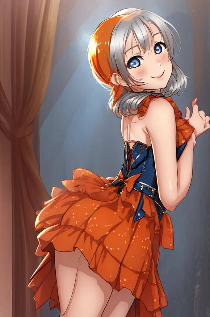 masterpiece, best quality, cowboy shot, from behind, looking back,wallpaper, kousaka honoka,orange hair , blue eyes, ((short silver bodycon dress)), strapless,latex, cute smile , hair ornaments, (curvy body), standing for interview,red carpet
