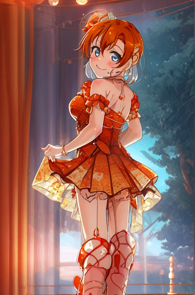 masterpiece, best quality, cowboy shot, from behind, looking back,wallpaper, kousaka honoka,orange hair , blue eyes, ((short silver bodycon dress)), strapless,latex, cute smile , hair ornaments, (curvy body), standing for interview,red carpet