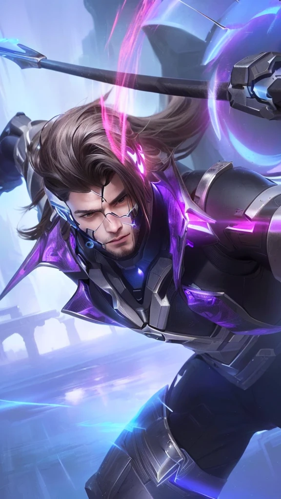 a close up of a male cyborg holding a spear, cryokinesis, highly detailed, hyper realistic, cinematic lighting, dramatic pose, intricate details, sharp focus, 8k, photorealistic, digital painting, concept art