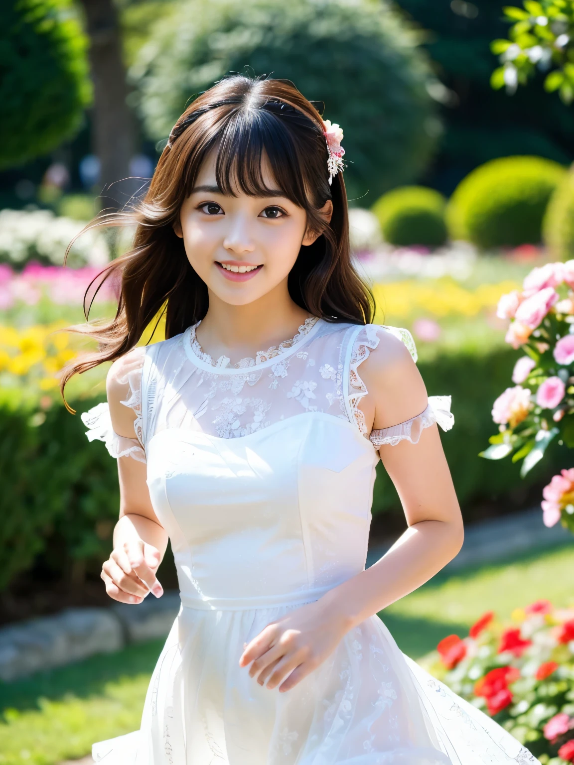 (Best-quality, Masterpiece, Ultra-High-Resolution, (Photorealistic:1.4), Raw Photo, depth of field, professional lighting, perfect anatomy, extremely details), 1girl, 15-years-old, the most famous Japanese idol, (((running at flower-garden))), (dynamic pose, dynamic angle), ((wearing cute-frilly sheer-dress with cute-lacy)), (extremely cute and extremely childish face like the most popular Japanese idol,((extremely cute and extremely big eyes)), extremely beautiful hair, ((extremely beautiful skins)), extremely cute long-eyelashes, extremely cute lips), looking at viewer, (innocent smile)