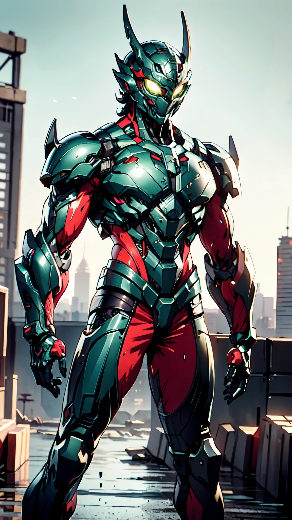 A man wearing a full-face helmet, a fantasy-style biotech armored combat suit, green eyes, (a composite layered chest armor), fully enclosed shoulder guards, matching arm and leg guards, the belt is adorned with dragon claw grasping orbs, (the color scheme is primarily black with red accents), the design balances heavy with agility, a high-tech bio-mecha armor, (Armor Concept Inspired by Dragons, stand on the top of a skyscraper in a futuristic sci-fi city), this character embodies a finely crafted fantasy-surreal style armored hero in anime style, exquisite and mature manga art style, (element, plasma, energy, the armor glows), ((male:1.5)), metallic, real texture material, dramatic, high definition, best quality, highres, ultra-detailed, ultra-fine painting, extremely delicate, professional, perfect body proportions, golden ratio, anatomically correct, symmetrical face, extremely detailed eyes and face, high quality eyes, creativity, RAW photo, UHD, 32k, Natural light, cinematic lighting, masterpiece-anatomy-perfect, masterpiece:1.5