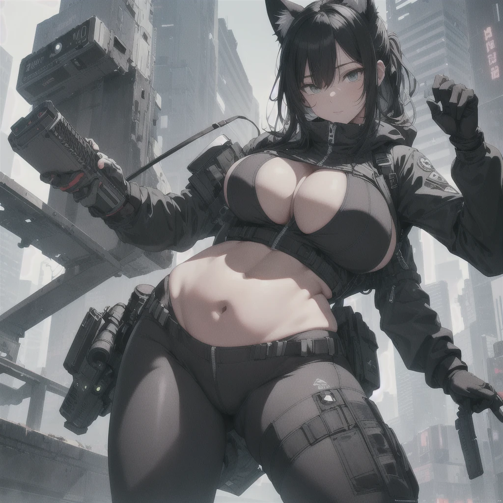 Absurd resolution, high resolution, (masterpiece: 1.4), hyper-detail, full body shot, full frontal camera perspective, solo, 1 kemono feline cat woman, humanoid, no skin other than neck and head shown, black hair, messy ponytail, cute face, detailed soft grey luminous eyes, huge massive hyper super swollen heavy breasts, breasts so big that cover her whole torso and are bigger than her head while being so big they reach her belly button, extremely super large swollen perky heavy bust, super huge enormously gigantic tits, gigantic breasts stretching/straining out of her outfit looking like they are about to burst out, breasts compressed squishing barely contained in outfit, inflated breasts, breasts_expansion, super gigantic swollen heavy tits, wide full hips, narrower torso and shoulders, smaller torso, narrower waist, full thicc big soft thighs, thicc thighs, big rounded full soft butt, thicc butt, ruggedized utility styled outfit, fully insulated suit, full body outfit coverage with no skin showing or revealed, airtight/watertight zippers and seals, scifi monochrome black and grey fullbody covering protective padding rugged loose-fitted pilot utility suit with strategically placed protective padding, white zipped utility cropped top for breasts support with a black strap horizontal across cleavage worn on top of suit, tactical strategic angular-patterned protective padding on hips and thighs and abdomen, practical/functional clothing, weather-proof durable clothing material, nylon clothing material, custom made clothing to fit and support large breasts, scifi padded rugged rigid high collar techwear jacket, armored high collar, white and black triangular decals and techwear iconography on apparel and clothing, techwear gloves, arm mounted strapped display scifi tablet/communication device/computer, ruggedized tech, ruggedized tech aesthetic, fitted utility pants, utility chaps, near future scifi, cyberpunk aesthetic, anime aesthetic, tactical aesthetic