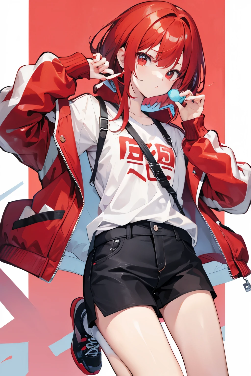 Licking candy、One boy、Red eyes、Red hair、Medium Hair、、put one hand in your jacket pocket、Wearing a jacket、hot pants、The background is a park、Highest quality、cute、whole body、foot
