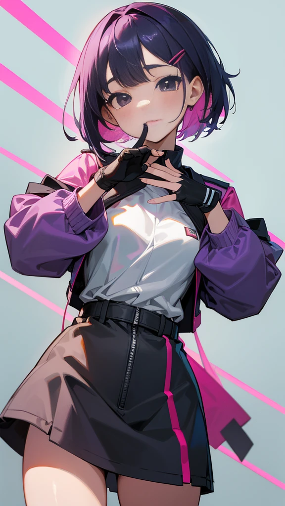 Top Quality, 8K, 4K, High Definition, Detail, (better-quality, 8K, 12), top-quality, 1 girl、purple short bob hair clip tied into a bun、black eyes、small breasts、uniform、gray jacket with pink line, fingerless gloves、thighs、Ilcha fousing on her, surprise face, having her handon her face, making cute expressing face. picture pose, she is standing up, she has a loil pop in her mouth, (she up close only showing face and her chest.)