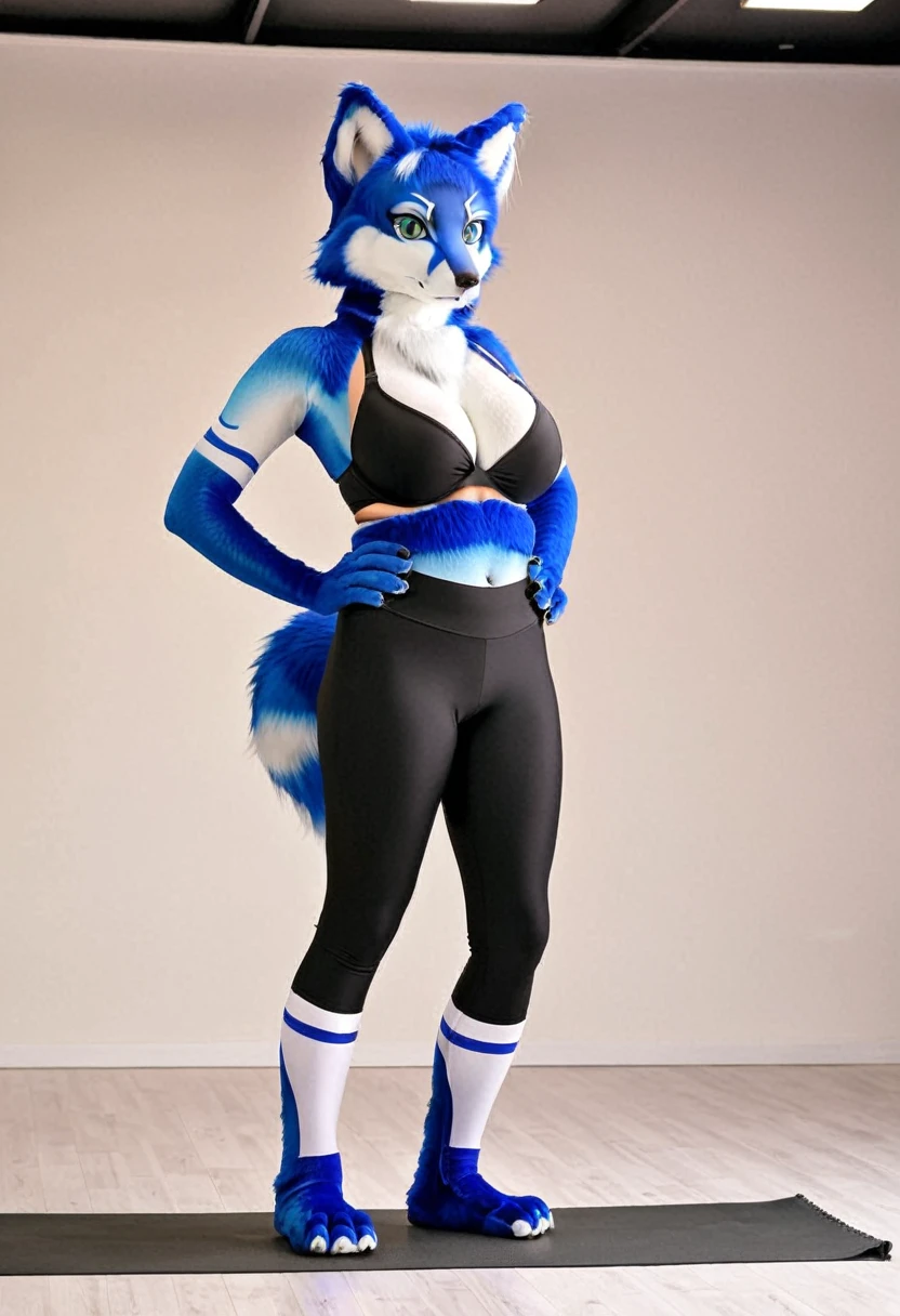 Furrycos, female fursuiter, gorgeous thighs, ((large breasts)), large butt, gorgeous legs, wide hips, female fox, (masterpiece), best quality, score:9, score:10, hands on own hip, sitting, (tilted head), yoga pants, sports bra, ((skintight fursuit)), (cleavage)