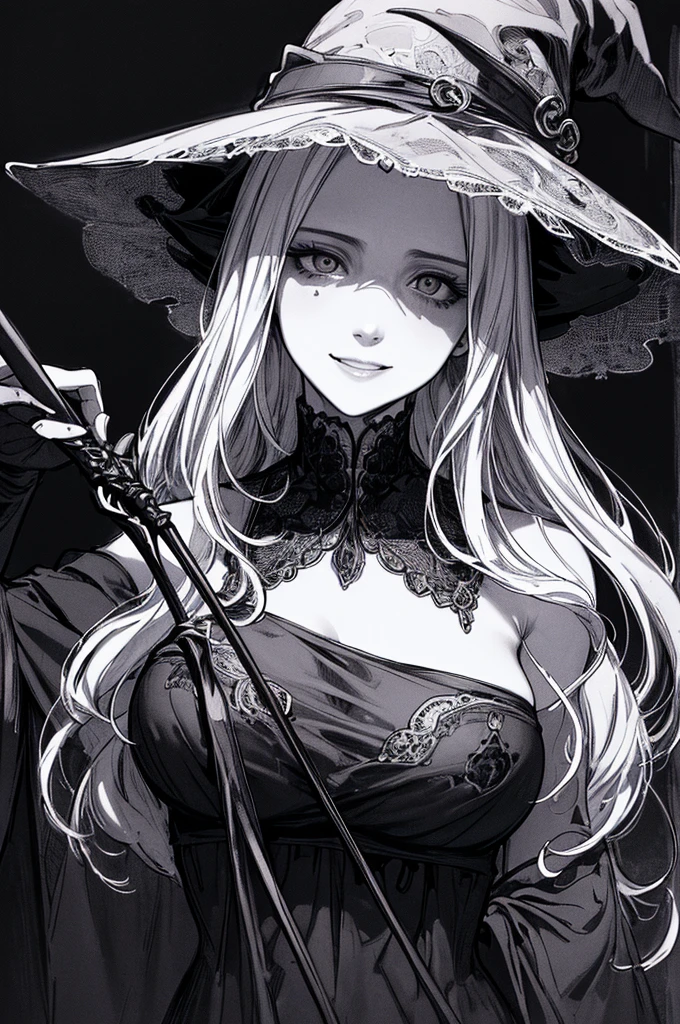 Top quality, (background detailed), high contrast, super beautiful, detailed original illustration, sensual, , witch, witch hat, black robe, holding wizard's wand, delicate delicate face, charming, bad girl, sexy, real breasts, crazy smile, crazy eyes, black background, (black background: 1. 5) Beautiful line drawing, monochrome