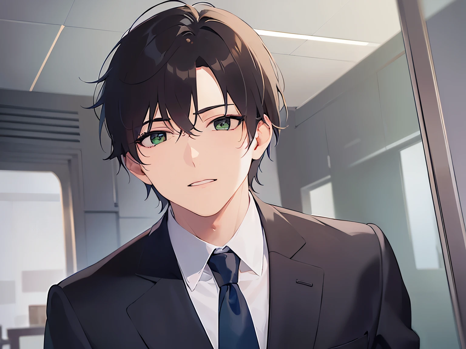 shiny skin,masterpiece,Highest quality,BREAK(A man of 26:1.5)and(Brown short hair)and(Green Eyes)BREAK,(Wearing a suit:1.3)and(Blue tie),(chuckle:1.3),Meeting room in the background,(Alone:1.5)