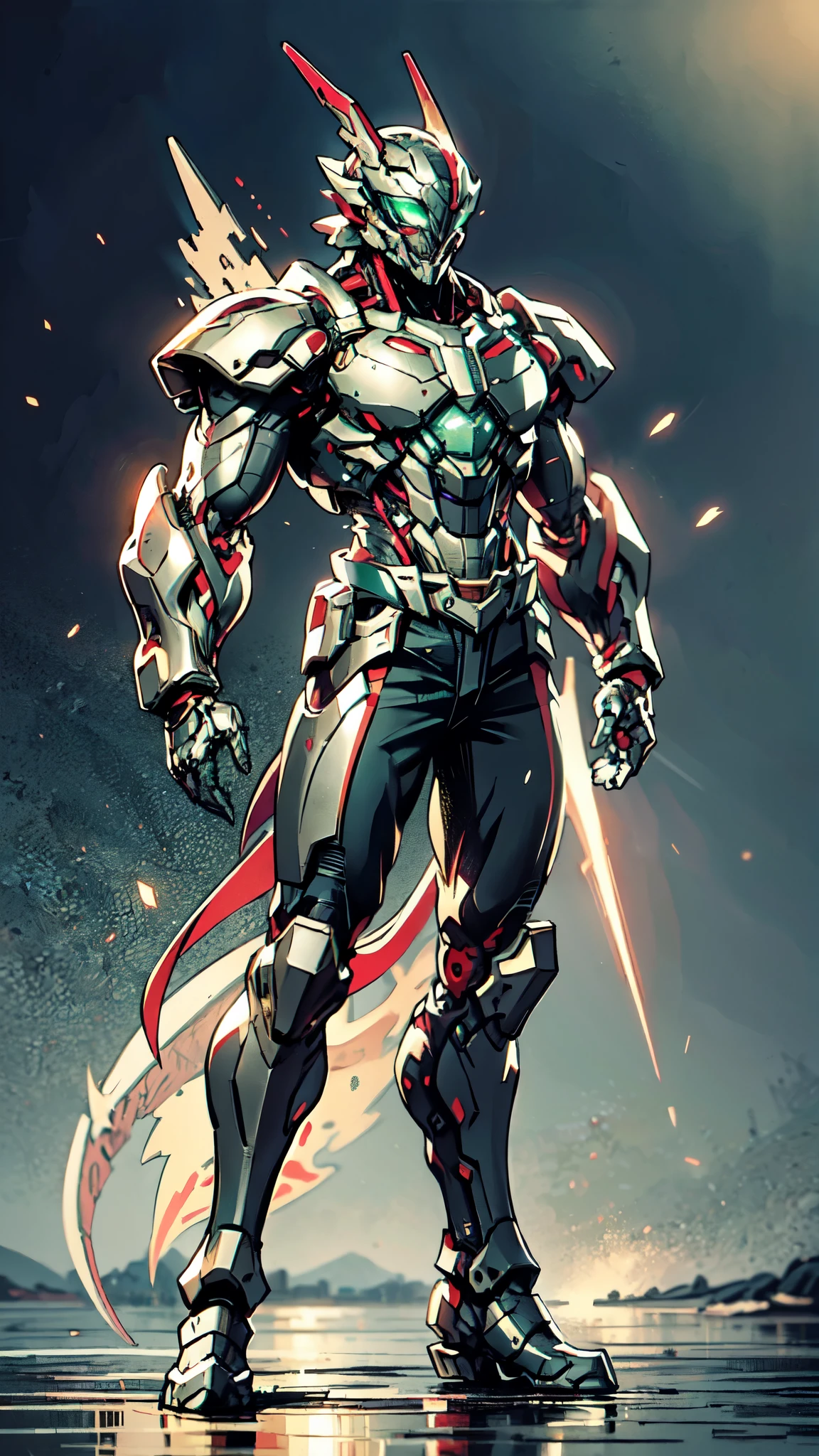 A man wearing a full-face helmet, a fantasy-style biotech armored combat suit, green eyes, (a composite layered chest armor), fully enclosed shoulder guards, matching arm and leg guards, the belt is adorned with dragon claw grasping orbs, (the color scheme is primarily black with red accents), the design balances heavy with agility, a high-tech bio-mecha armor, (Armor Concept Inspired by Dragons, stand on the top of a skyscraper in a futuristic sci-fi city), this character embodies a finely crafted fantasy-surreal style armored hero in anime style, exquisite and mature manga art style, (element, plasma, energy, the armor glows), ((male:1.5)), metallic, real texture material, dramatic, high definition, best quality, highres, ultra-detailed, ultra-fine painting, extremely delicate, professional, perfect body proportions, golden ratio, anatomically correct, symmetrical face, extremely detailed eyes and face, high quality eyes, creativity, RAW photo, UHD, 32k, Natural light, cinematic lighting, masterpiece-anatomy-perfect, masterpiece:1.5