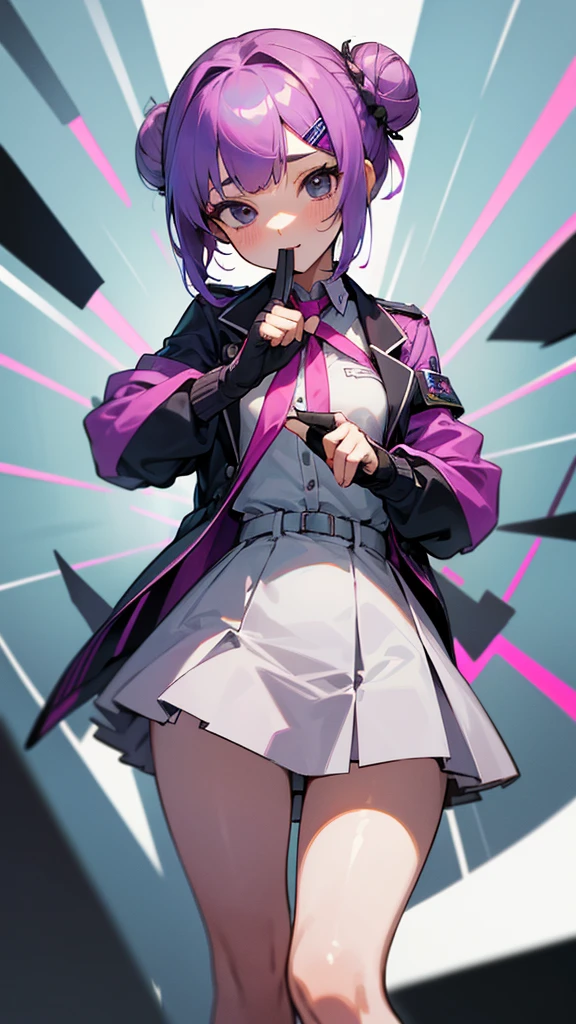 Top Quality, 8K, 4K, High Definition, Detail, (better-quality, 8K, 12), top-quality, 1 girl、purple short bob hair clip tied into a bun、black eyes、small breasts、uniform、gray jacket with pink line, fingerless gloves、thighs、Ilcha fousing on her, surprise face, having her handon her face, making cute expressing face. picture pose, she is standing up, she has a loil pop in her mouth, (she up close only showing face and her chest.)
