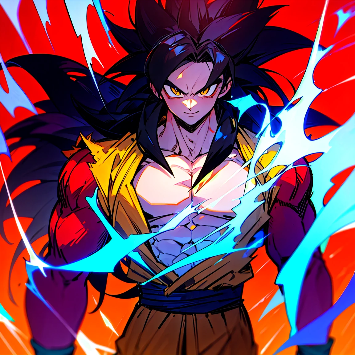 highres, HD quality, (best quality),((masterpiece)), vibrant colors, son goku, son goku gt,1boy,closed mouth, solo, super saiyan 4, dragon ball gt, yellow pants, black boots, blue ribbon, ((some red fur on arms and chest)), red saiyan tail, (very long hair), (red eyeliner),male focus, muscular, muscular male, pectorals, solo, spiked hair,((black hair)), (((pupils))),yellow eyes,standing,spiked hair, red aura, electricity, smile,upper body, PERFECT FACE, PERFECT HANDS