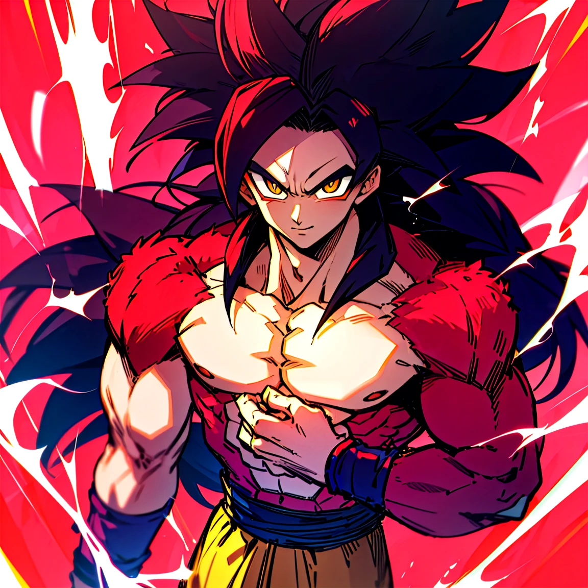 highres, HD quality, (best quality),((masterpiece)), vibrant colors, son goku, son goku gt,1boy,closed mouth, solo, super saiyan 4, dragon ball gt, yellow pants, black boots, blue ribbon, ((some red fur on arms and chest)), red saiyan tail, (very long hair), (red eyeliner),male focus, muscular, muscular male, pectorals, solo, spiked hair,((black hair)), (((pupils))),yellow eyes,standing,spiked hair, red aura, electricity, smile,upper body, PERFECT FACE, PERFECT HANDS