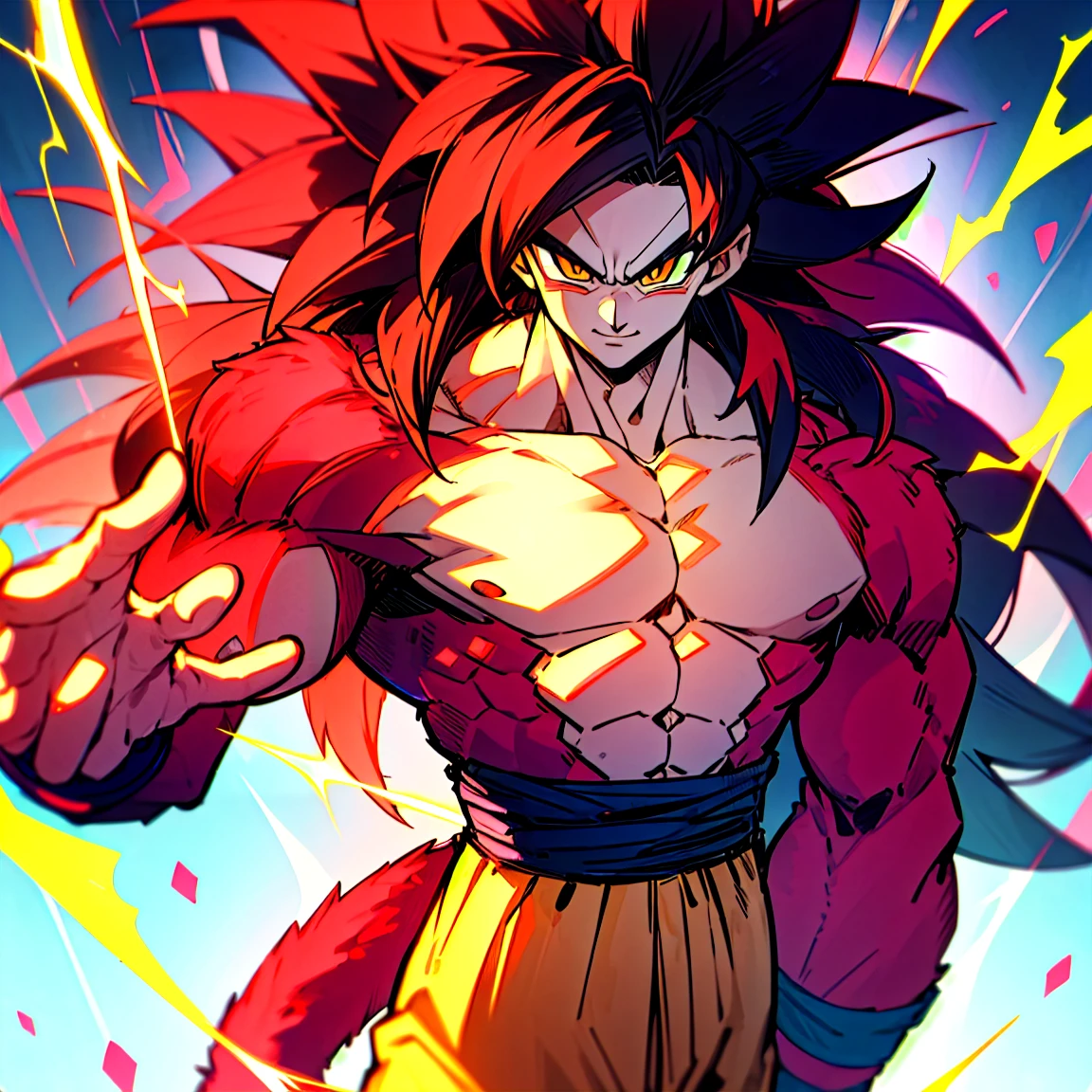 highres, HD quality, (best quality),((masterpiece)), vibrant colors, son goku, son goku gt,1boy,closed mouth, solo, super saiyan 4, dragon ball gt, yellow pants, black boots, blue ribbon, ((some red fur on arms and chest)), red saiyan tail, (very long hair), (red eyeliner),male focus, muscular, muscular male, pectorals, solo, spiked hair,((black hair)), (((pupils))),yellow eyes,standing,spiked hair, red aura, electricity, smile,upper body, PERFECT FACE, PERFECT HANDS