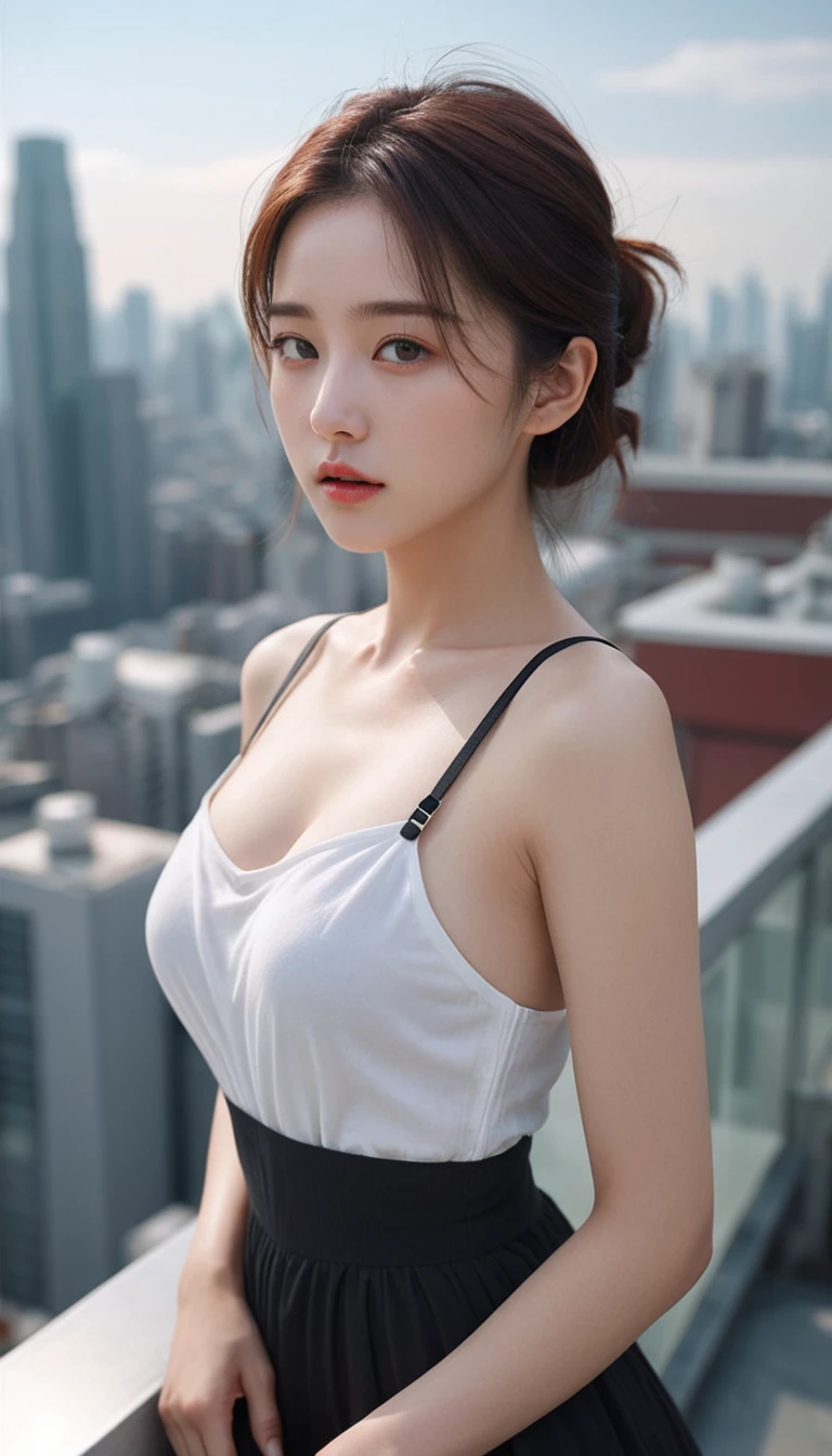 (1 woman:1.3), alone, ((Very detailed face)), ((very detailed 눈과 얼굴)))), beautiful 디테일의 눈, body parts, official art, Integrated 8K wallpaper, very detailed, beautiful and beautiful, beautiful, masterpiece, best quality, original, masterpiece, very nice photo, best quality, ultra high resolution, realistic realism, sunlight, full body portrait, amazing beauty, dynamic pose, delicate face, lively eyes, (from the front), she wears a dress, red and black color scheme, very detailed 도시 지붕 배경, rooftop, city view, detailed face, Detailed complex busy background, very cool, milk white, very detailed 피부, realistic skin details, visible pores, clear focus, 8k upscale, dslr, high quality, film grain, fair skin, photo realism, lomography, Futuristic dystopian megacity, transparent