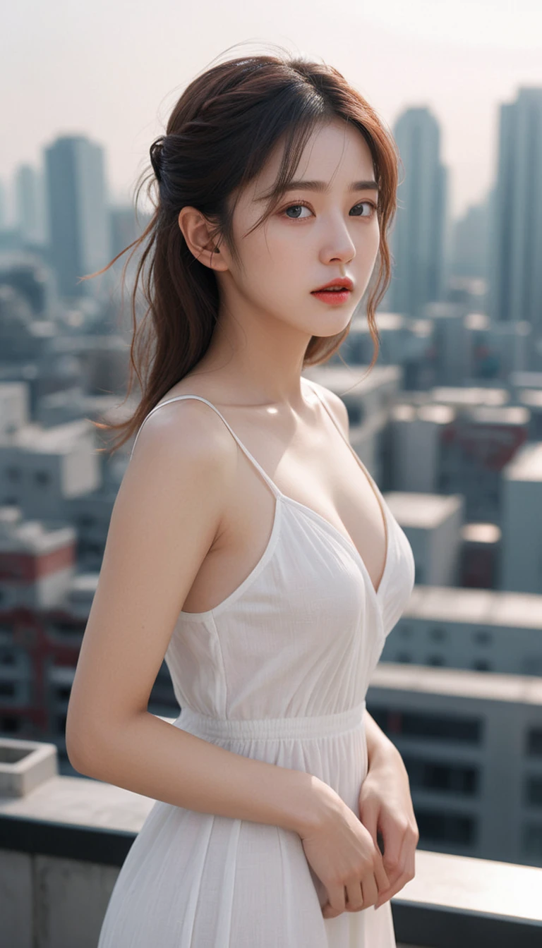 (1 woman:1.3), alone, ((Very detailed face)), ((very detailed 눈과 얼굴)))), beautiful 디테일의 눈, body parts, official art, Integrated 8K wallpaper, very detailed, beautiful and beautiful, beautiful, masterpiece, best quality, original, masterpiece, very nice photo, best quality, ultra high resolution, realistic realism, sunlight, full body portrait, amazing beauty, dynamic pose, delicate face, lively eyes, (from the front), she wears a dress, red and black color scheme, very detailed 도시 지붕 배경, rooftop, city view, detailed face, Detailed complex busy background, very cool, milk white, very detailed 피부, realistic skin details, visible pores, clear focus, 8k upscale, dslr, high quality, film grain, fair skin, photo realism, lomography, Futuristic dystopian megacity, transparent