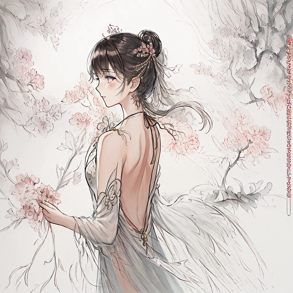 (((masterpiece))),(((best quality))),((Extremely detailed)), ((illustration)),floating, ((Extremely delicate and beautiful)),(Beautiful and delicate eyes),((Messy hair)), (),(sketch), 1 Girl, small_breast,((neck)),(((Back))),(looking Back), blush,Suspender dress, Elongated hair,Backless dress