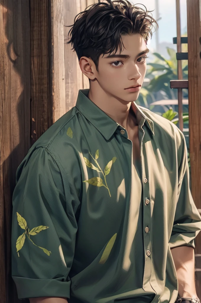 1boy, solo, blunt in hand, hawaiin shirt, brown skin color, messy look, (black hair), ((locs)), brown eyes, masterpiece, best quality, high quality, upper body, male focus,