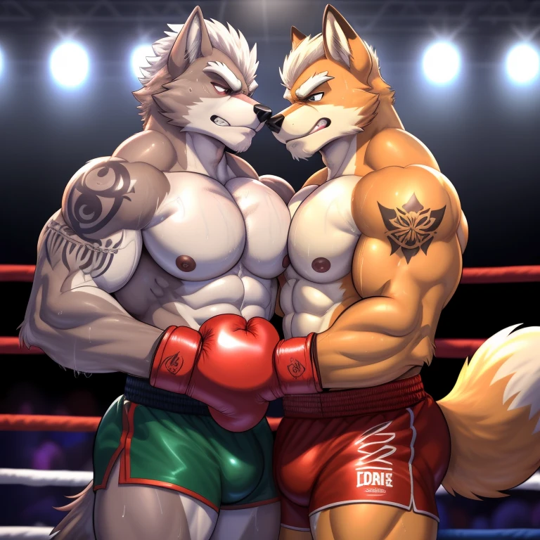 Duo male(Fox Mcloud vs Wolf O'donnell, handsomes, Thick eyebrows), gay(armpits embraced, cuddling, hot abs frottage, face to face, on a boxing match), hot(Shirtless), handsomes(They are handsomes, correct anatomy), musculosos(Big muscle bodies, Six packs, muscle abs, big pecs, muscle backs, muscle legs), sweaty(very sweaty wet bodies, shiny sweat), tatuajes(they have tattoos), Grumpy(Both have an grumpy expression, growling, grumpy teeths, steaming breath), Boxing gloves(They both are wearing red boxing gloves), boxing shorts(They both are wearing boxing shorts), Hight resolution, by(Zourik:1.1)