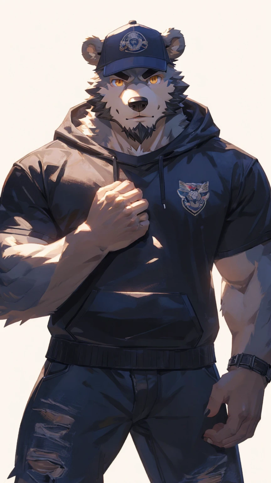 (masterpiece:1.2), best quality,pixiv,official art,perfect anatomy, (Ray tracing, light),solo, (1_male:1.3) , (muscle), (grey fur:1.4), (muscle bear), (beard:1.2), (gleaming golden eyes), bear tail, full body, Thick black eyebrows, baseball cap, (open short hoodie), (naked inside),Ripped short jeans, black short boots, (pure white background: 1.3), (front view:1.3), character design