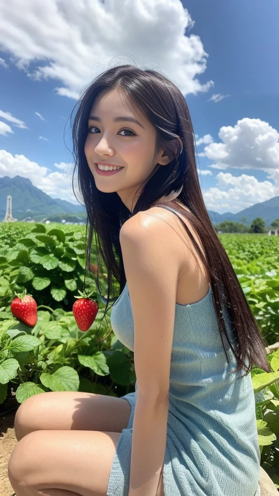 ((best quality, 8k, masterpiece:1.3)), a beautiful girl, pure, melon face, gentle and cute, thin figure, (frontal), (tilted head), looking directly into the camera, [detached sleeves::0], [collared shirt::0], [capri pants::0], black silky long straight hair, long hair flowing over the shoulders, round black big eyes, clear big eyes, moist red lips, sweet smile, sitting, hands on knees, Blue sky and white clouds, sunshine, Strawberry Garden, Lots of strawberries, mountain peaks, northern view of Thailand, Landmark of Thailand