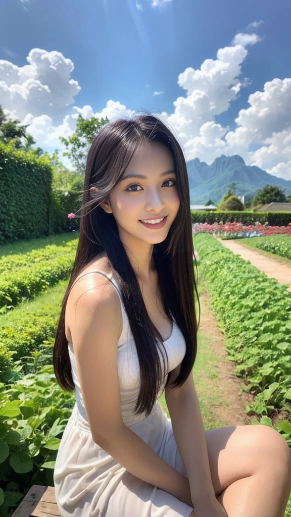 ((best quality, 8k, masterpiece:1.3)), a beautiful girl, pure, melon face, gentle and cute, thin figure, (frontal), (tilted head), looking directly into the camera, [detached sleeves::0], [collared shirt::0], [capri pants::0], black silky long straight hair, long hair flowing over the shoulders, round black big eyes, clear big eyes, moist red lips, sweet smile, sitting, hands on knees, Blue sky and white clouds, sunshine, Strawberry Garden, Lots of strawberries, mountain peaks, northern view of Thailand, Landmark of Thailand