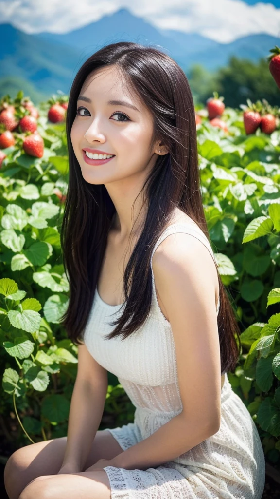 ((best quality, 8k, masterpiece:1.3)), a beautiful girl, pure, melon face, gentle and cute, thin figure, (frontal), (tilted head), looking directly into the camera, [detached sleeves::0], [collared shirt::0], [capri pants::0], black silky long straight hair, long hair flowing over the shoulders, round black big eyes, clear big eyes, moist red lips, sweet smile, sitting, hands on knees, Blue sky and white clouds, sunshine, Strawberry Garden, Lots of strawberries, mountain peaks, northern view of Thailand, Landmark of Thailand