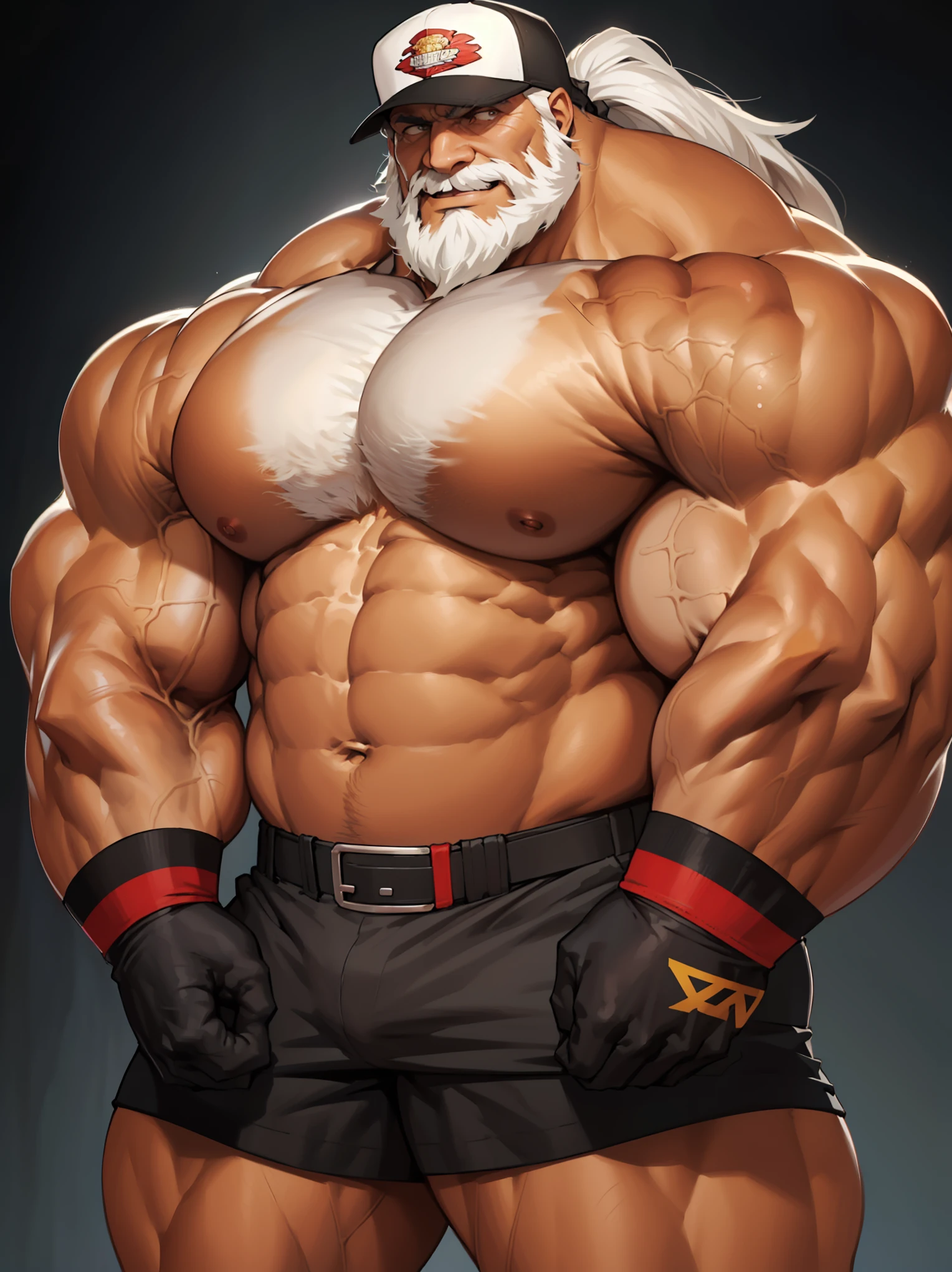 huge muscular old man , black background , wearing baseball hat, happy, pectoral, thick arms, huge pectoral, Puff out chest:1.2, bigger pec, bigger pectoral, hyper pec, hyper pectoral, extremely huge pectoral, wide pectoral, white hair, white beards,  masterpiece, semirealistic:1.2, high detailed, 8k, high resolution, perfect center, full view. ((really big muscle, massive muscular, wide shoulders, sixpack, thick arms, wide pectoral, super huge muscle, hyper muscular, over sized muscle, huge arms, big arms, huge pectoral))