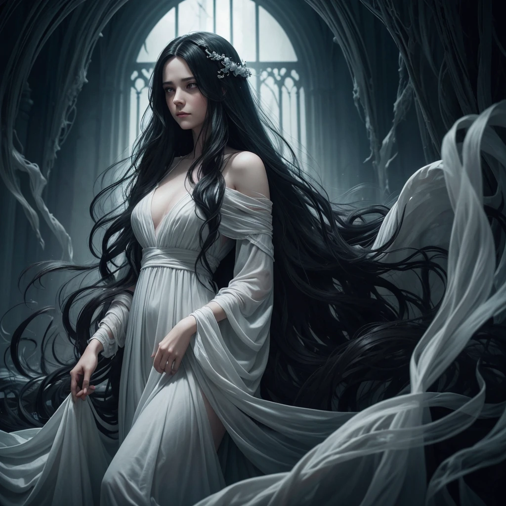 a girl with long dark hair flowing around her like ethereal tendrils, wearing a flowing white dress, the Cursed Maiden, dark and bewitched hair, haunting and beautiful, sorrow and curse, photorealistic, highly detailed, cinematic, dramatic lighting, muted color palette, gothic fantasy, digital art